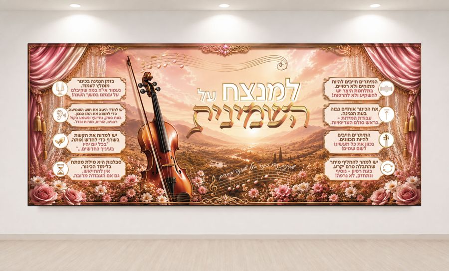 באנר רחב לכיתה: כינור, נוף שקיעה ושמונה מסרים על לוחות מעוטרים